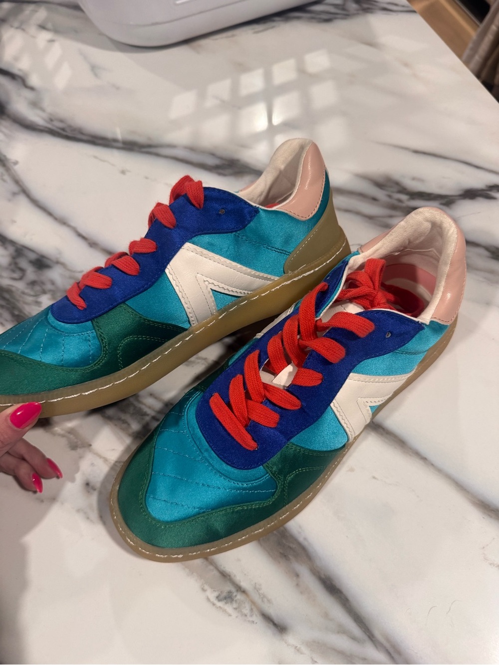 MIA Teal Blue Green satin Sneakers with Red Laces